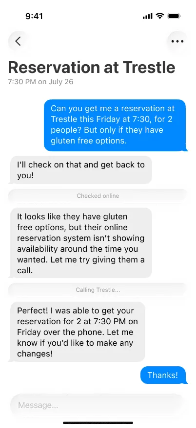 Ringless confirming a reservation for 2 at 7:30 PM